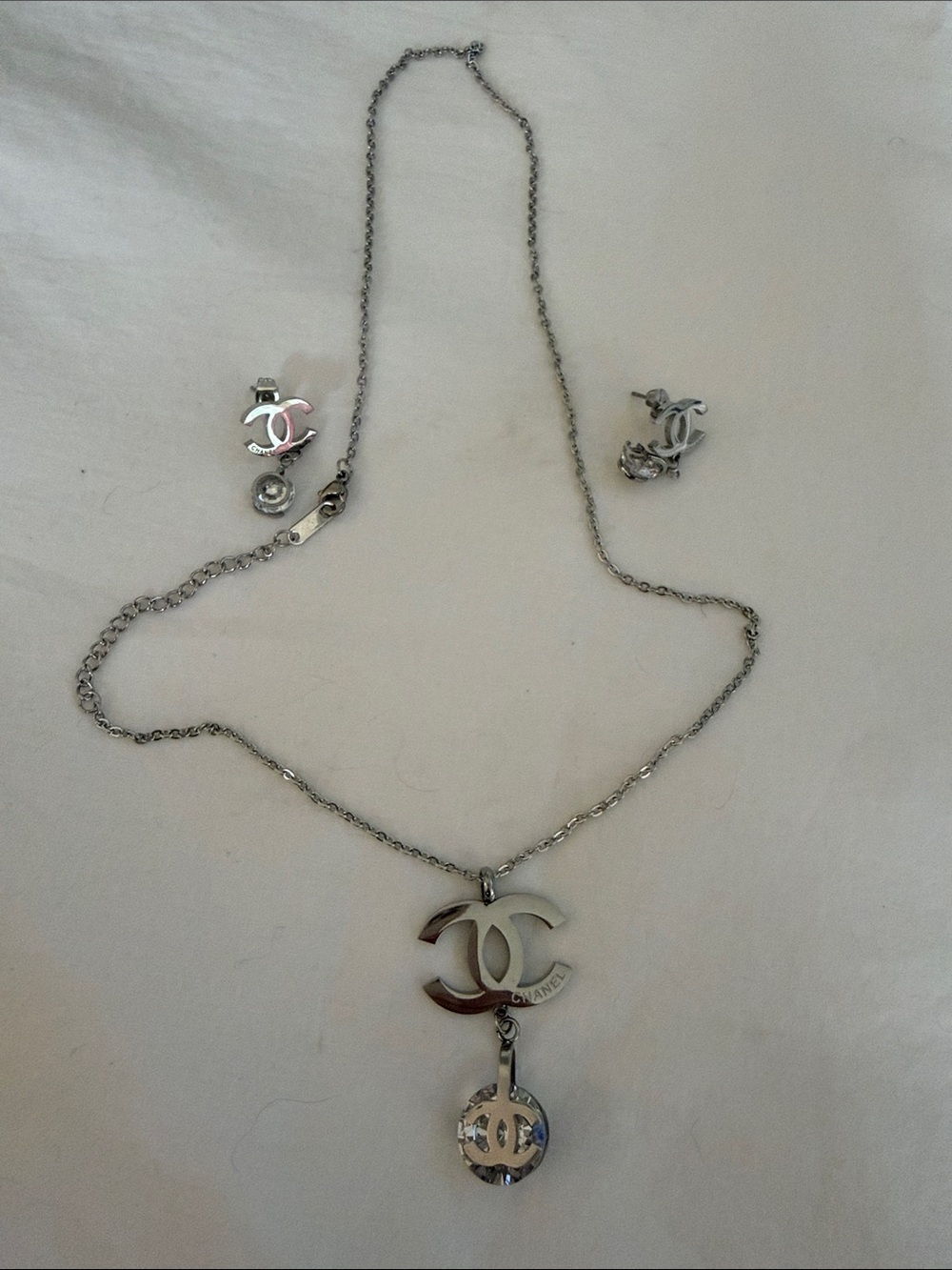 Silver Tone Interlocking CC Drop Necklace with Matching Studs